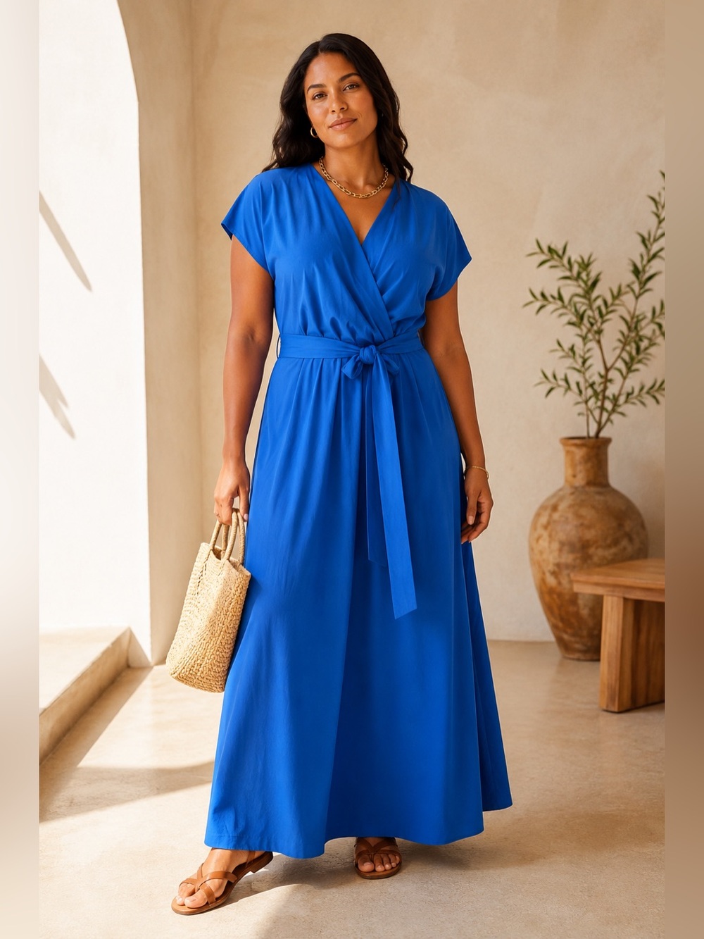 Halara 1X Cobalt Blue Maxi Dress Faux Wrap Pockets Breezeful Stretch NWT